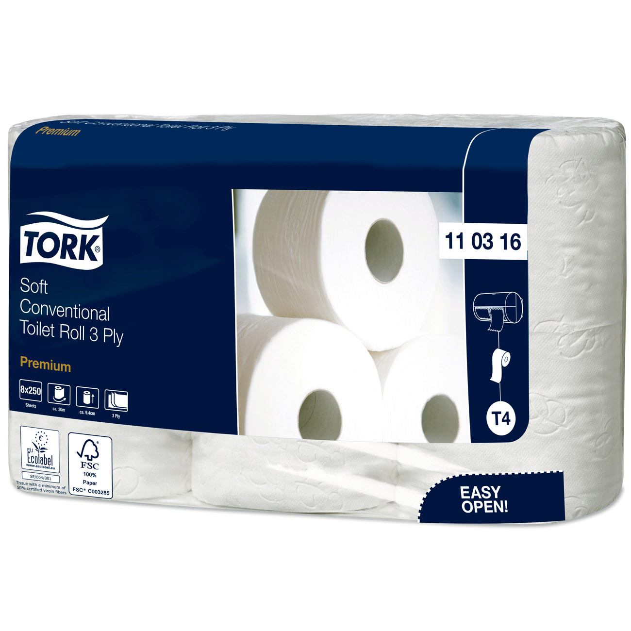 Tork Papier toilette triple épaisseur T4 Premium extra-doux blanc - 110316 - Lot de 8 rouleaux de 250 feuilles