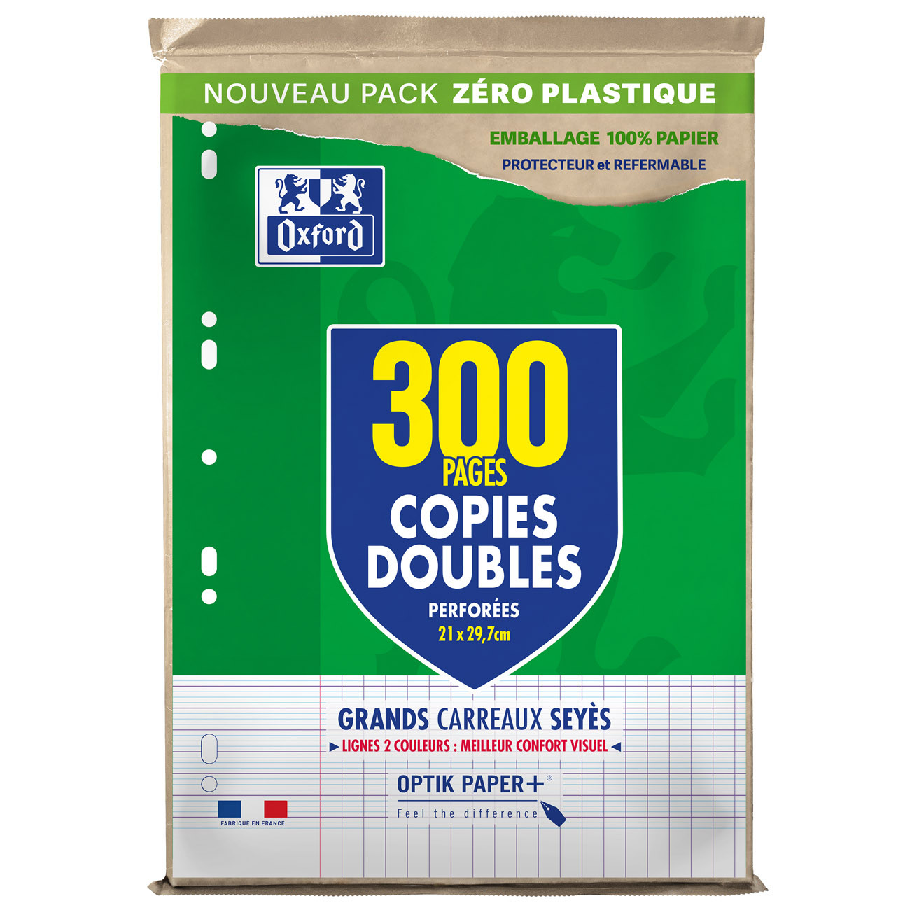 Oxford Copies Doubles Feuilles A4 perforées - Grands carreaux Seyes avec marge - Etui de 300 feuilles