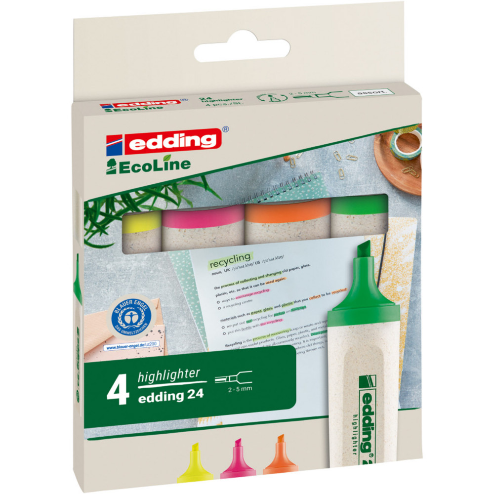 Edding 24 Ecoline Surligneur pointe biseaute 2-5 mm - pochette de 4 assortis