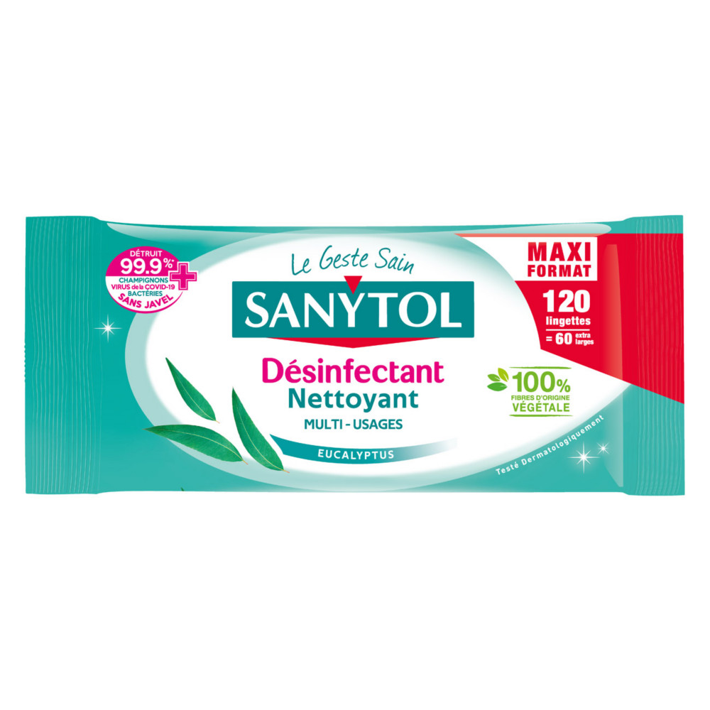 Sanytol Lingettes dsinfectantes Multi-usages- Parfum eucalyptus - Maxi format - Paquet de 120