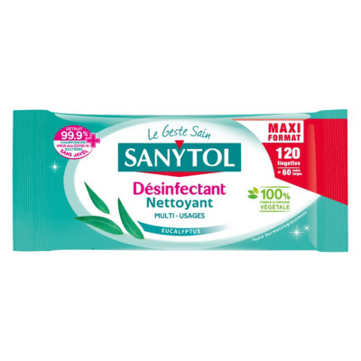 Sanytol Lingettes désinfectantes Multi-usages- Parfum eucalyptus - Maxi format - Paquet de 120