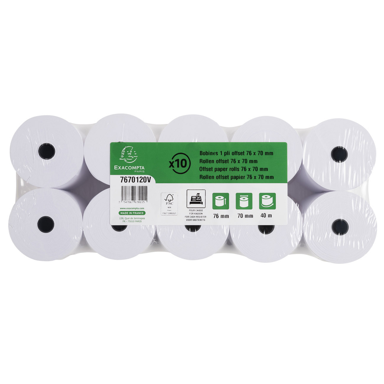 Exacompta Bobine tickets de caisse 76 x 70 x 12 mm Longueur 40M Rouleau Papier offset 1 pli 60g Lot de 10