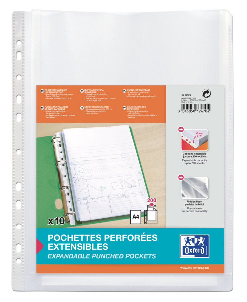 Oxford Pochettes perfores transparentes  soufflet A4 PP lisse - Lot de 10