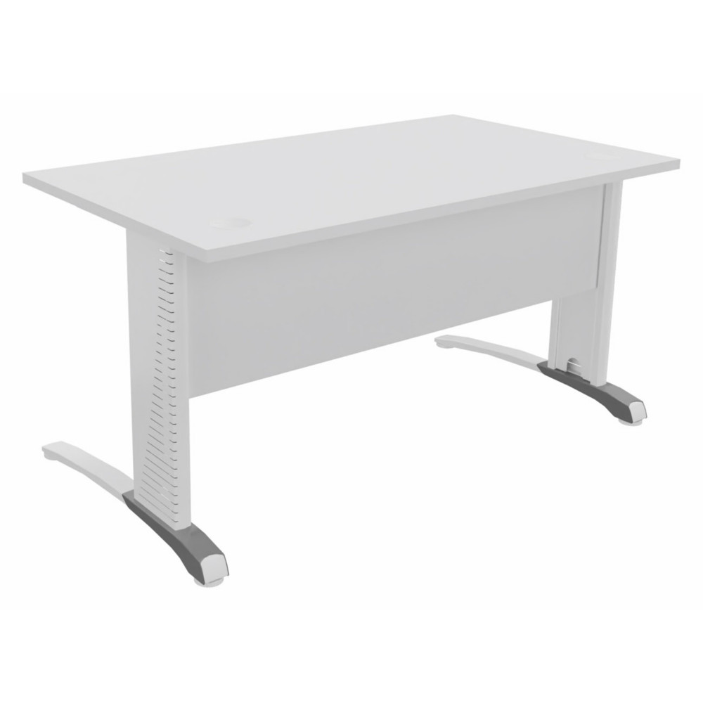 Bureau droit Biospace avec voile de fond - L.140 x P.80 cm - Plateau Blanc - Pieds Blanc - Embases Aluminium