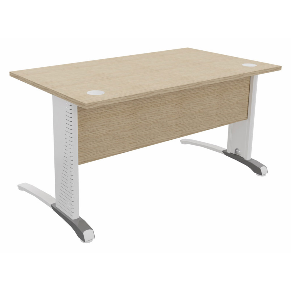 Bureau droit Biospace avec voile de fond - L.140 x P.80 cm - Plateau Chne - Pieds Blanc - Embases Aluminium