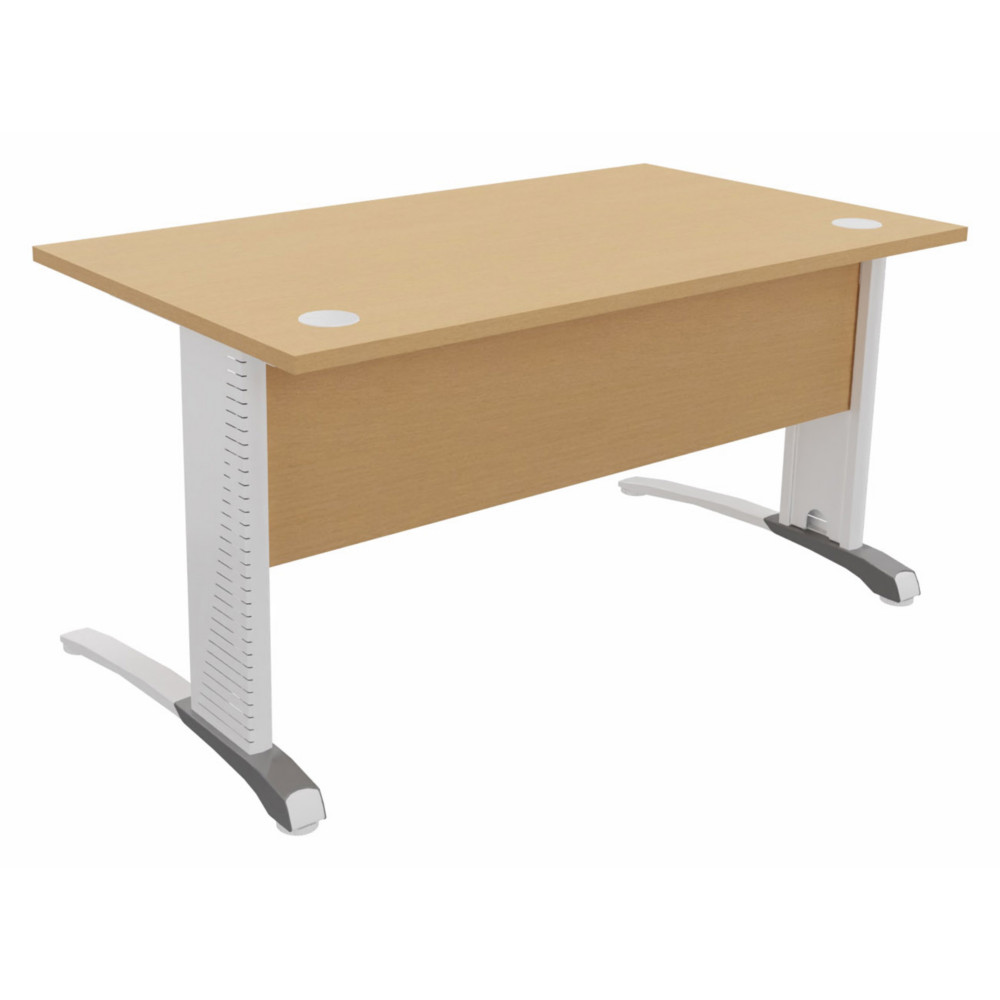 Bureau droit Biospace avec voile de fond - L.140 x P.80 cm - Plateau Htre - Pieds Blanc - Embases Aluminium