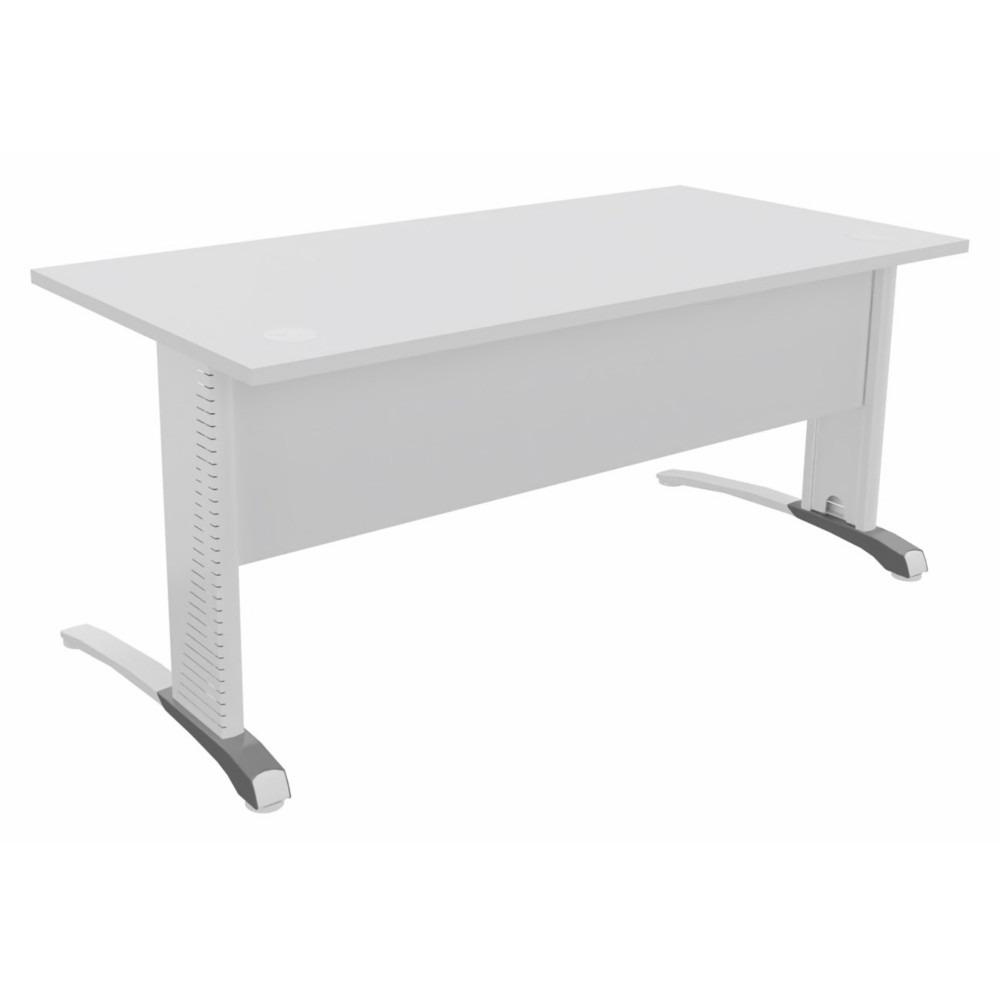 Bureau droit Biospace avec voile de fond - L.160 x P.80 cm - Plateau Blanc - Pieds Blanc - Embases Aluminium
