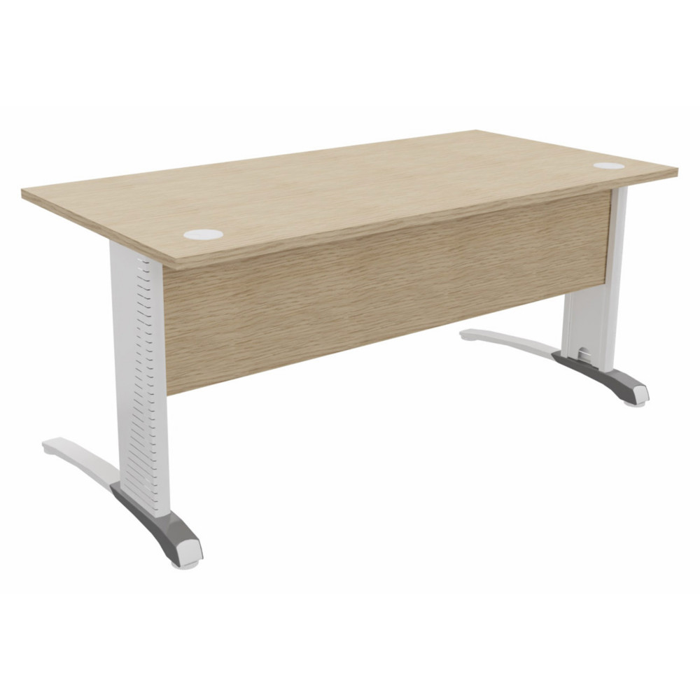 Bureau droit Biospace avec voile de fond - L.160 x P.80 cm - Plateau Chne - Pieds Blanc - Embases Aluminium