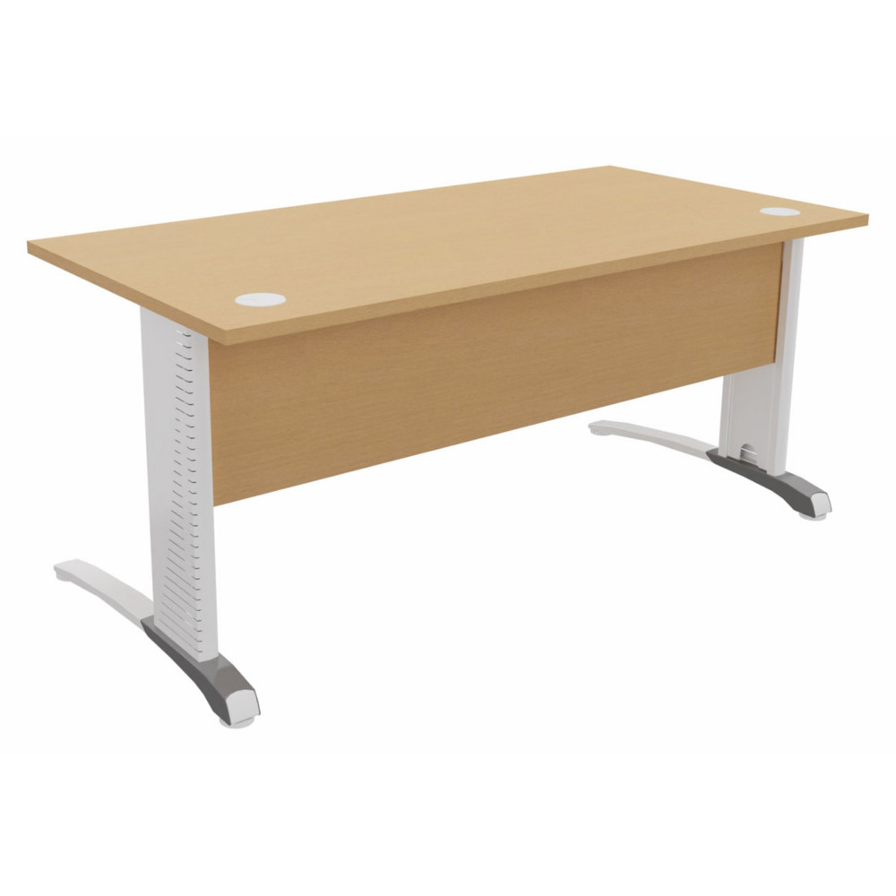 Bureau droit Biospace avec voile de fond - L.160 x P.80 cm - Plateau Htre - Pieds Blanc - Embases Aluminium