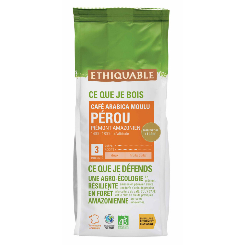 Ethiquable Caf moulu Prou quitable, 100% Arabica Bio et quitable - Intensit 3 - Sachet de 250g