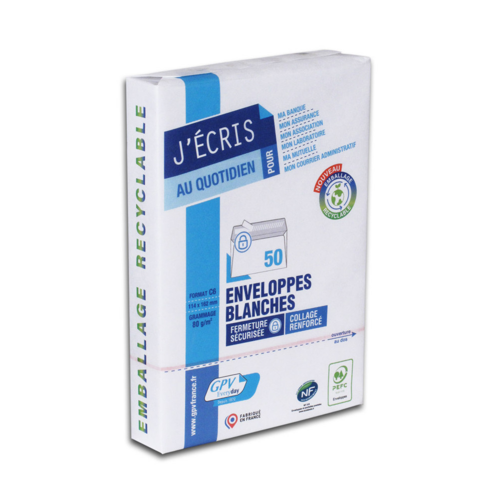 GPV Enveloppe C6 114 x 162 mm 80g sans fentre - autocollante bande protectrice - Lot de 50