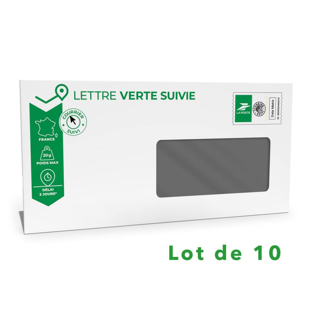 LA POSTE Enveloppe Prt  Poster et dj timbr - Lettre verte suivie  20g - 110 x 220 mm (DL) - Avec fentre - Lot de 10