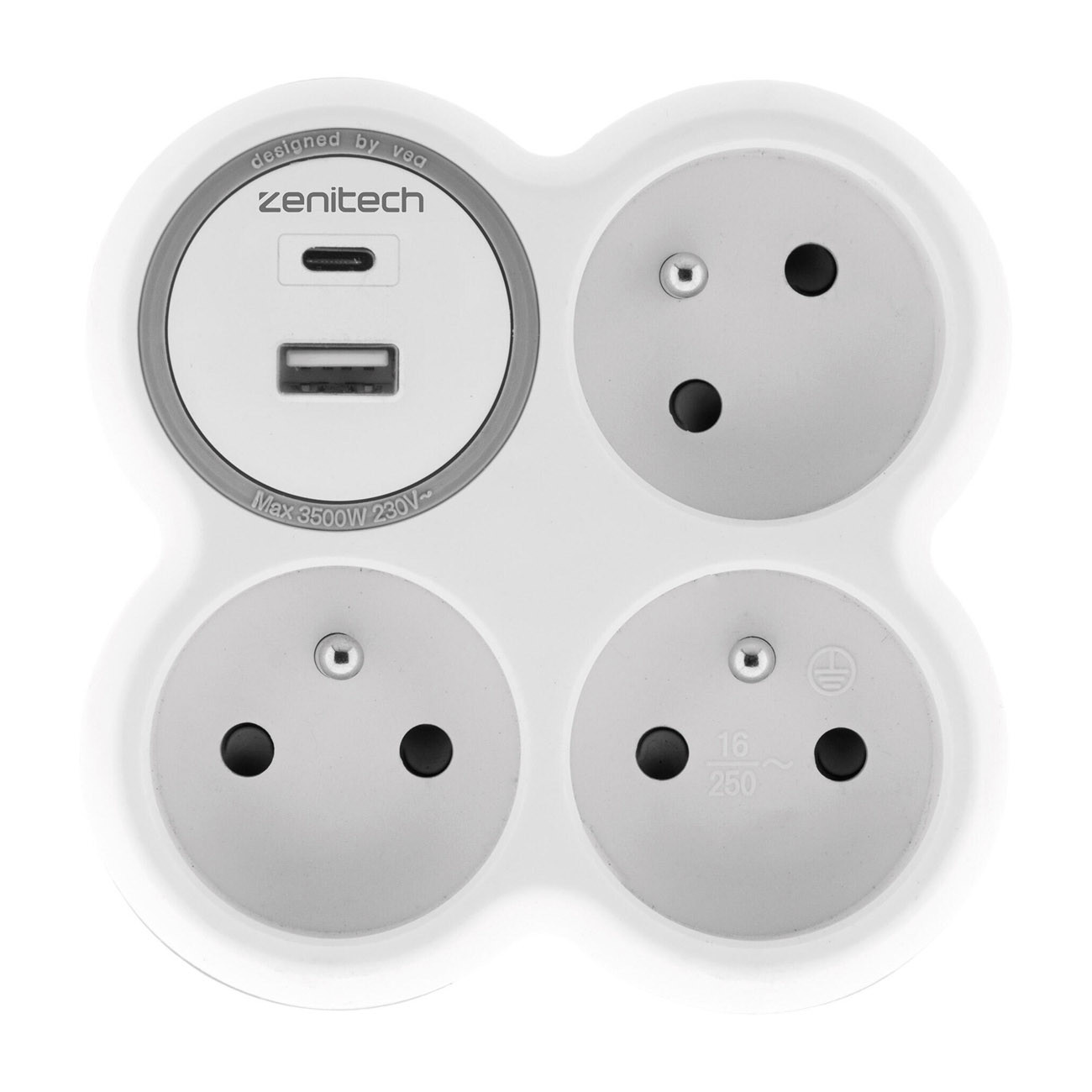 Zenitech Multiprise murale Bloc de 3 prises secteur + 1 prise Chargeur USB-A + 1 USB-C BOLEA - Triplite 16A blanche