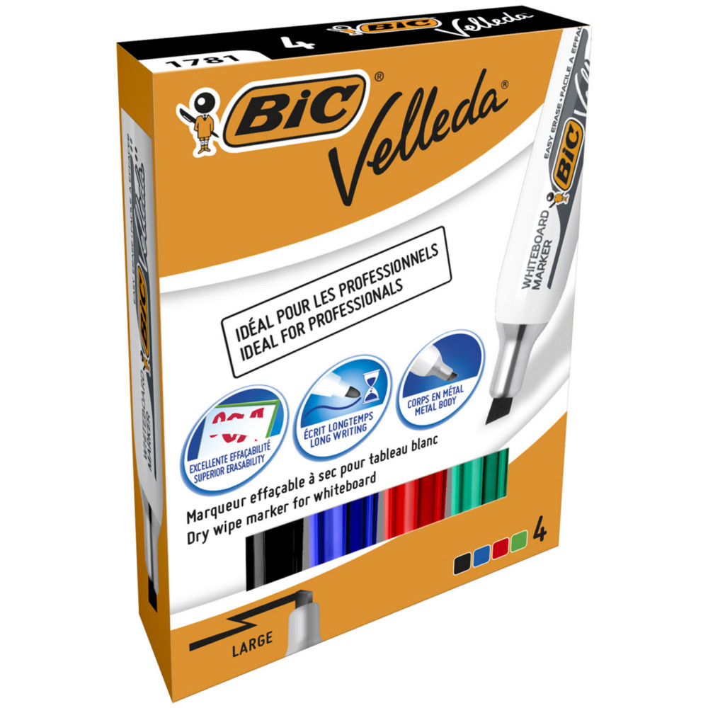 BIC Velleda 1781 Feutres pour Tableau Blanc Effaables  Sec Pointe Biseaute Large 3,3 - 4,6 mm - Marqueurs Couleurs Assorties, Etui Carton de 4