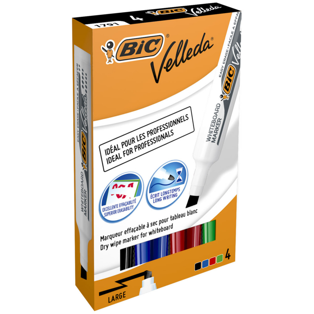BIC Velleda 1791 Feutres pour Tableau Blanc Effaables  Sec Pointe Large Biseaute 3,3 - 4,6 mm - Marqueurs assortis Pochette 4 couleurs
