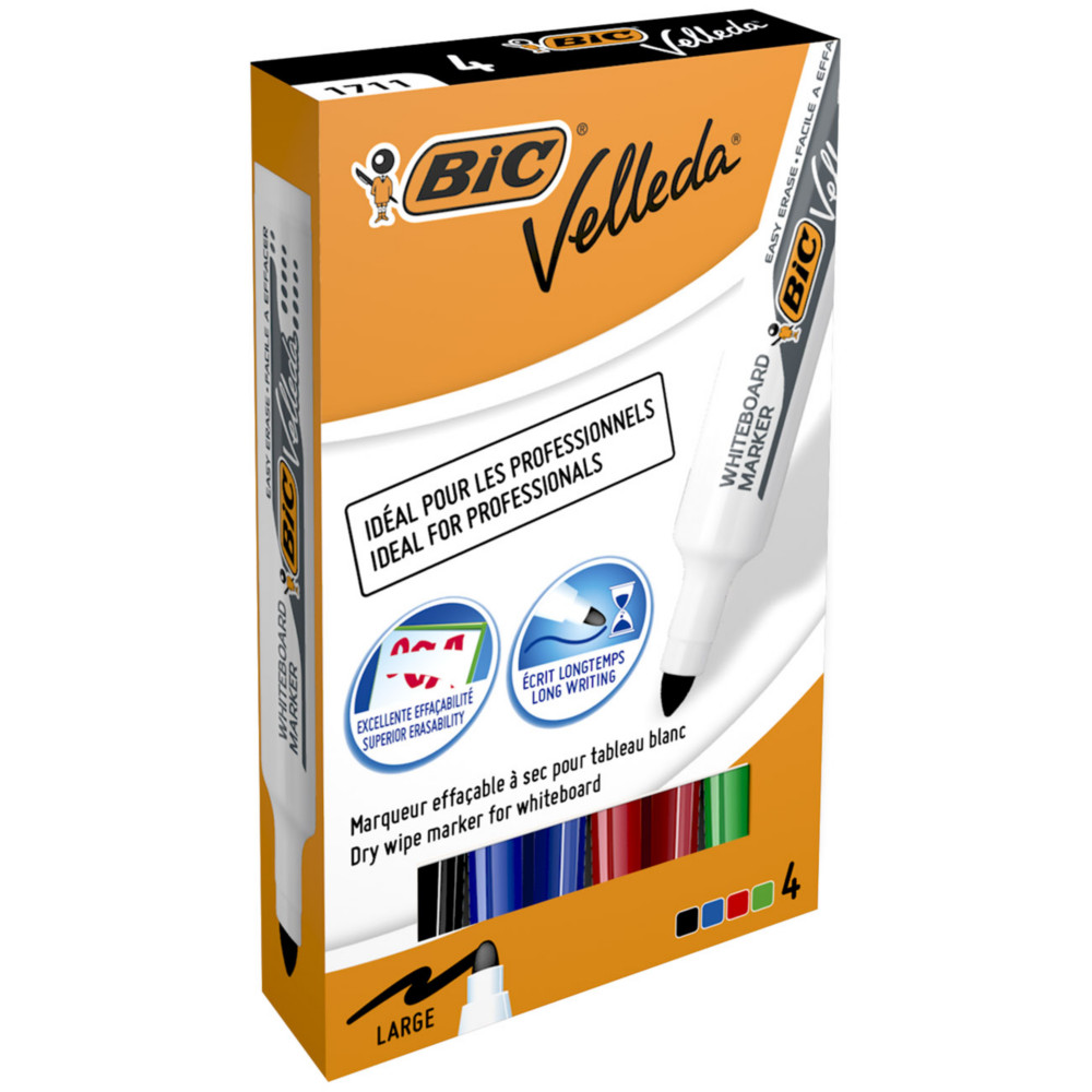BIC Velleda 1711 Feutres pour Tableau Blanc Effaables  Sec  Pointe Conique Large -  Marqueurs couleurs assorties - Etui carton de 4