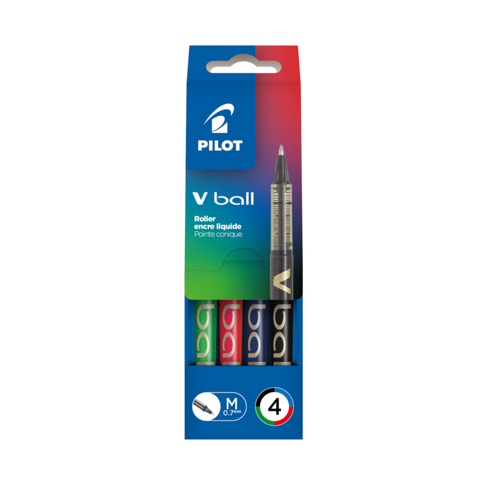 Pilot Stylo roller, V Ball, pointe de 0,7mm, avec zone de prhension, corps dans des coloris assortis, couleurs d'encre assorties: noir, bleu, vert, rouge (Pochette de 4)