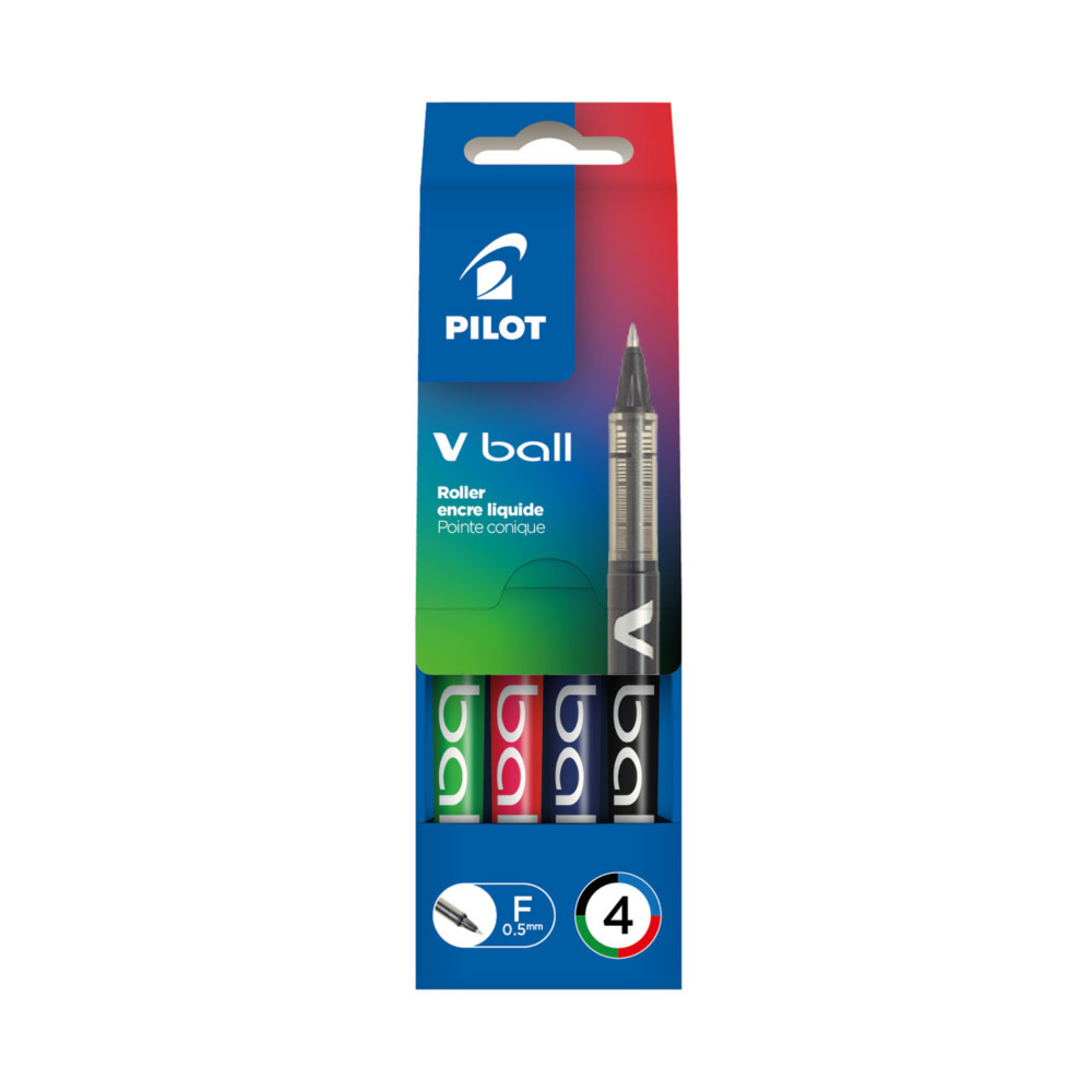 Pilot Stylo roller, V Ball, pointe fine, corps bleu, couleurs d'encre assorties: noir, bleu, vert, rouge (Pochette de 4)