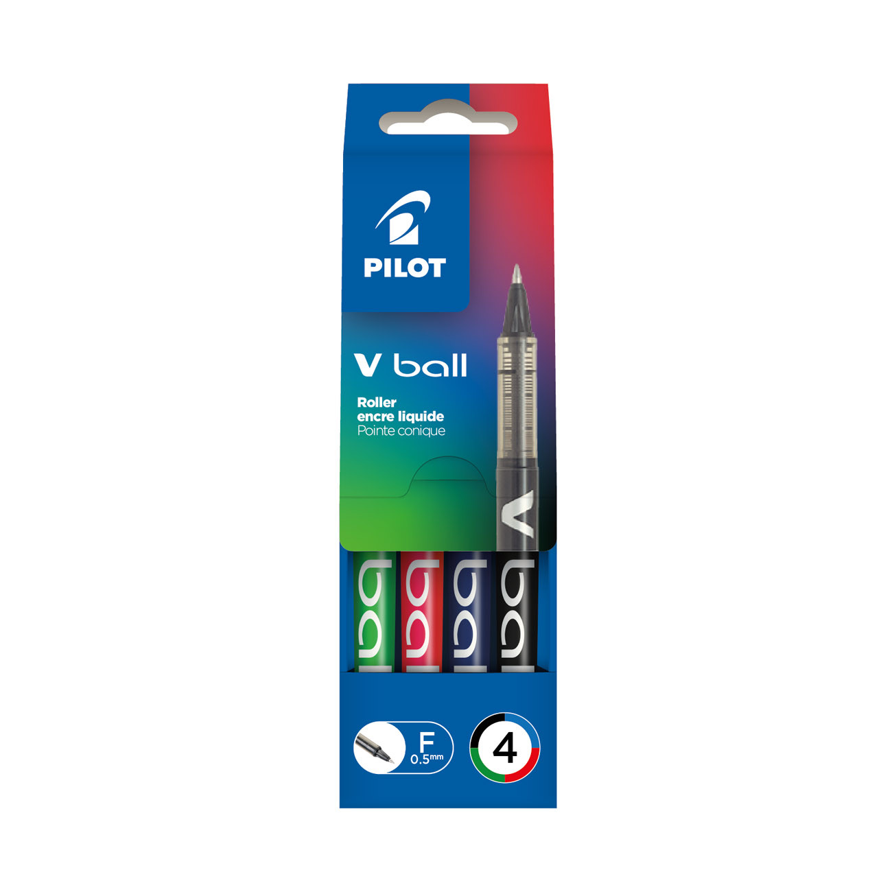 Pilot Stylo roller V Ball pointe fine corps couleurs d'encre assorties : Pochette de 4
