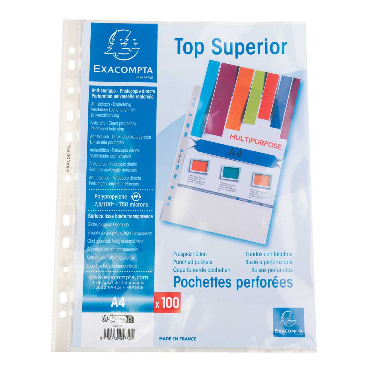 Exacompta pochettes perforées transparentes Qualité+ A4 polypropylène 7,5/100e lisses cristal - Lot de 100