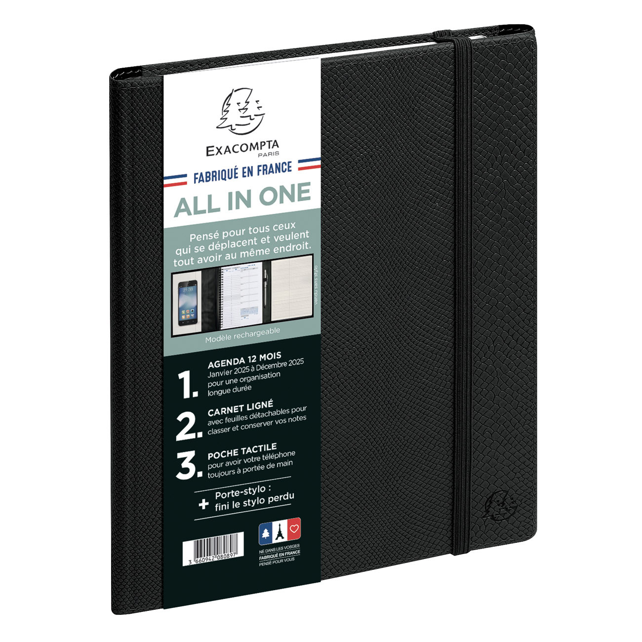 Exacompta Agenda tryptique semainier avec spirales All in One EasyTime - 15 x 21 cm - Noir - 2026