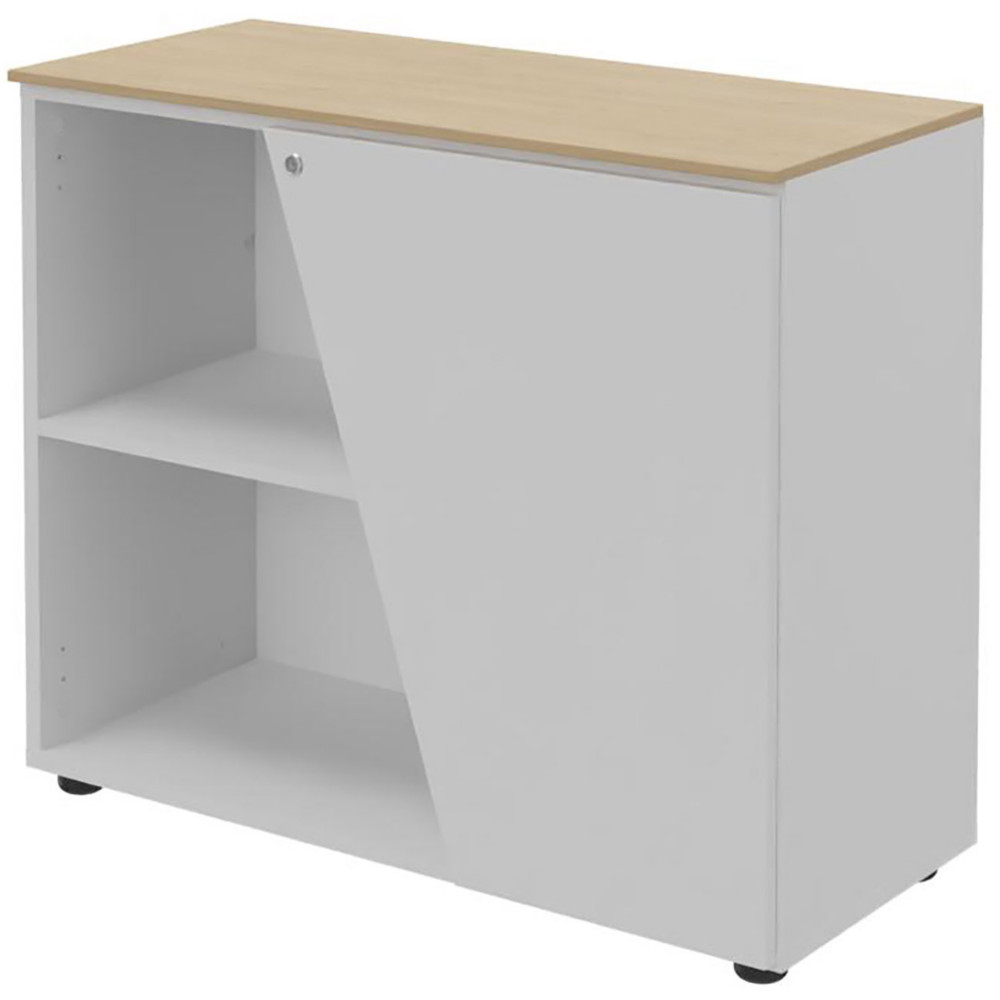 Armoire basse porte  droite Rha - L. 90 x P. 40 x H. 76 cm - Plateau Chne - Porte Blanche