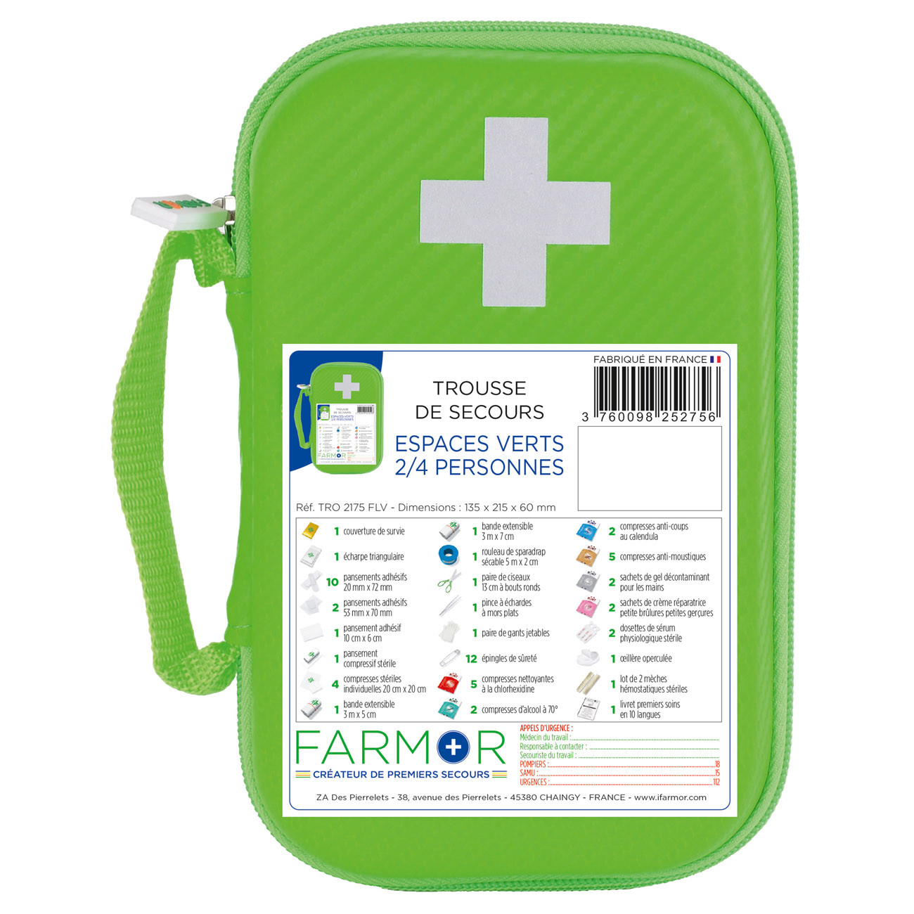 Farmor Trousses de secours Espace Vert 2 à 4 personnes - Malette semi-rigide imperméable Verte - Lot de 10