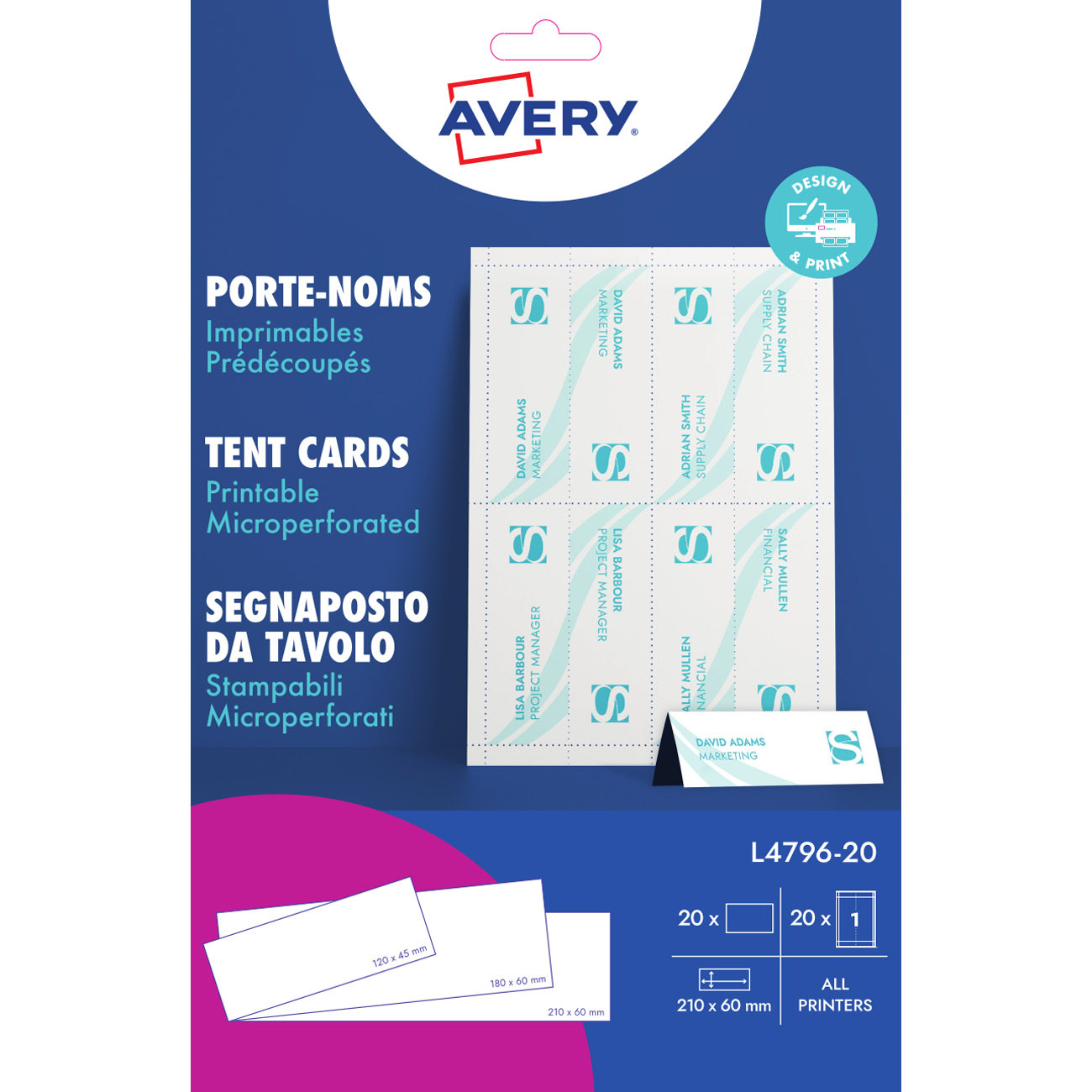Avery Porte-noms chevalet imprimables prédécoupés - L4796-20 - Dimensions 210 x 60 mm - Lot de 20 - Blanc