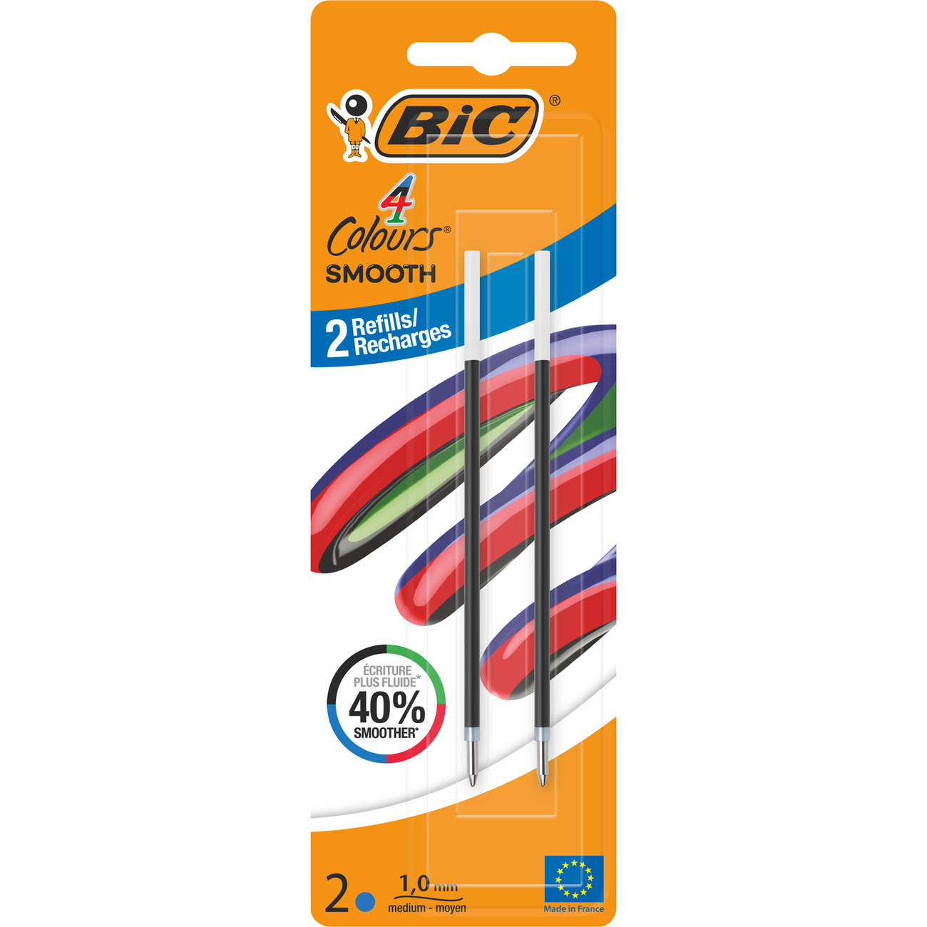 BIC Recharges bleues pour stylo bille 4 Couleurs Smooth Pointe moyenne 1 mm Encre ultra douce Blister de 2