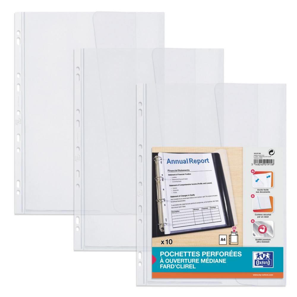 Oxford Pochettes perfores transparentes Fars'Clirel A4  rabat PVC lisse - Lot de 10