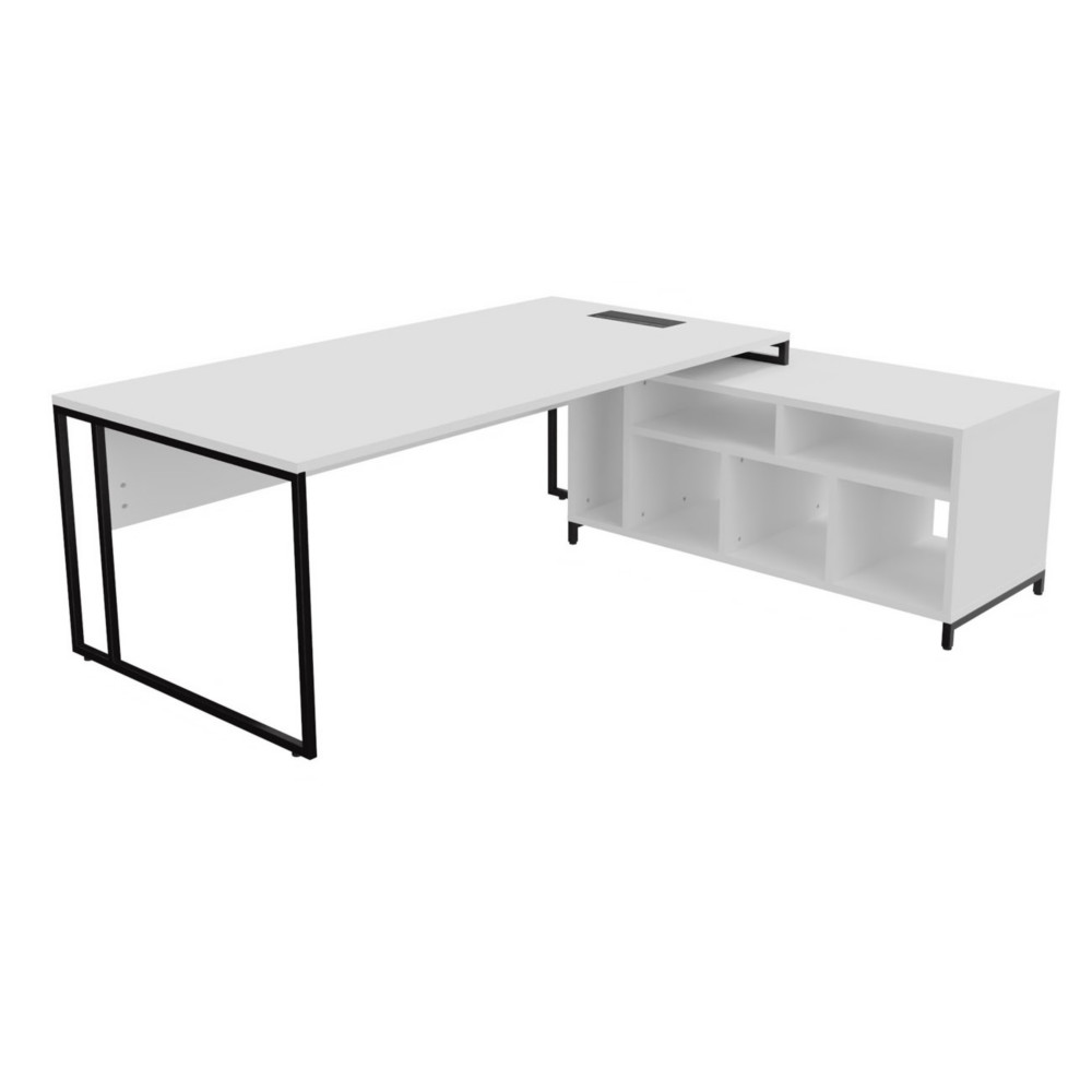Bureau manager retour  droite Skyline - L.200 x P.100 cm - Plateau Blanc - Pieds Noir