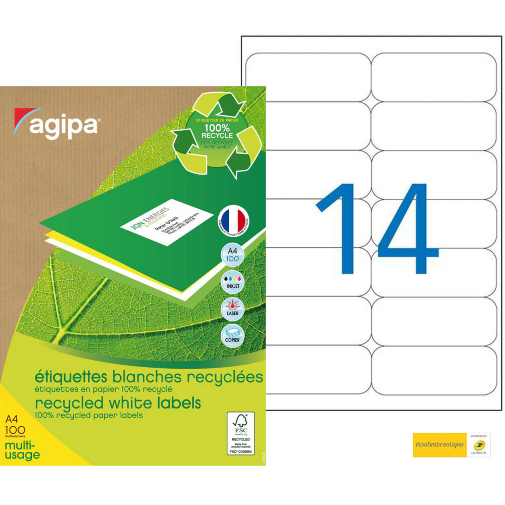 AGIPA 101196 Etiquettes blanches recycles multi-usage 99,1 x 38,1 mm - Bote de 1400