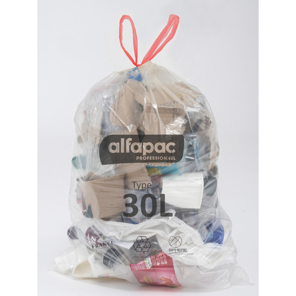 Sac poubelle transparent recycl 30L - Sac  dchets Alfapac avec lien coulissant - Lot de 150