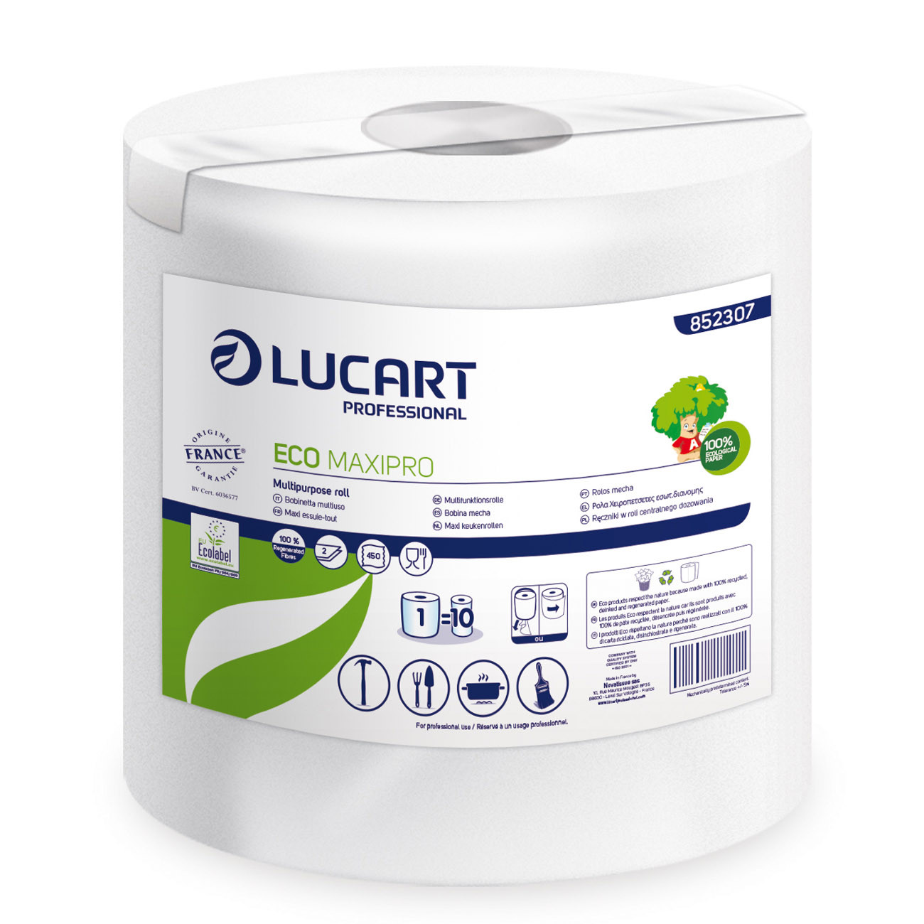 Lucart Essuie-mains gaufré Eco Maxipro double épaisseur - Bobine de 450 feuilles - 103,5 m - 852307 - Blanc