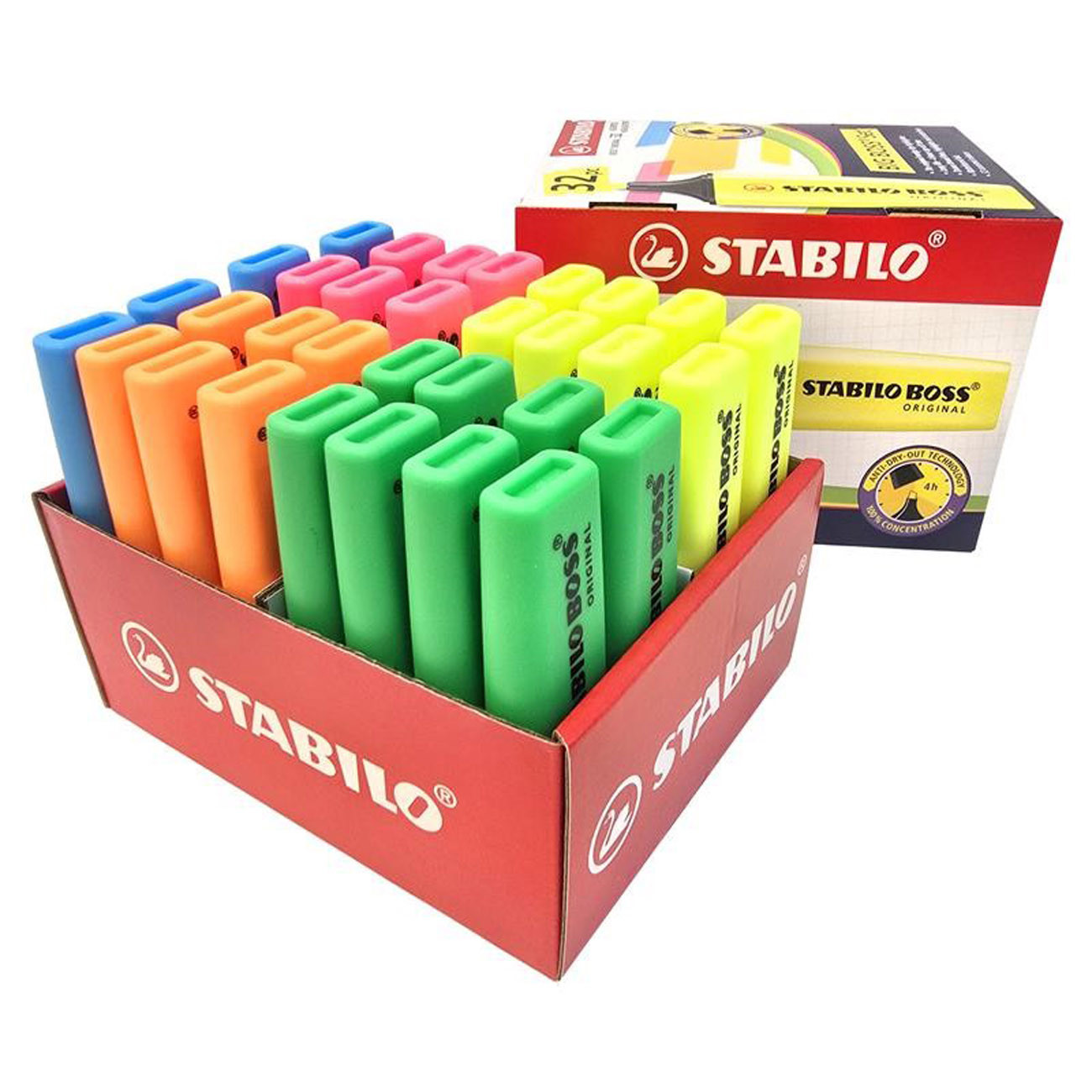 STABILO BOSS ORIGINAL Boite de 32 Surligneurs Probox - Big BOSS - Ensemble de 5 coloris assortis fluos - Vert - Jaune - Orange - Rose - Bleu