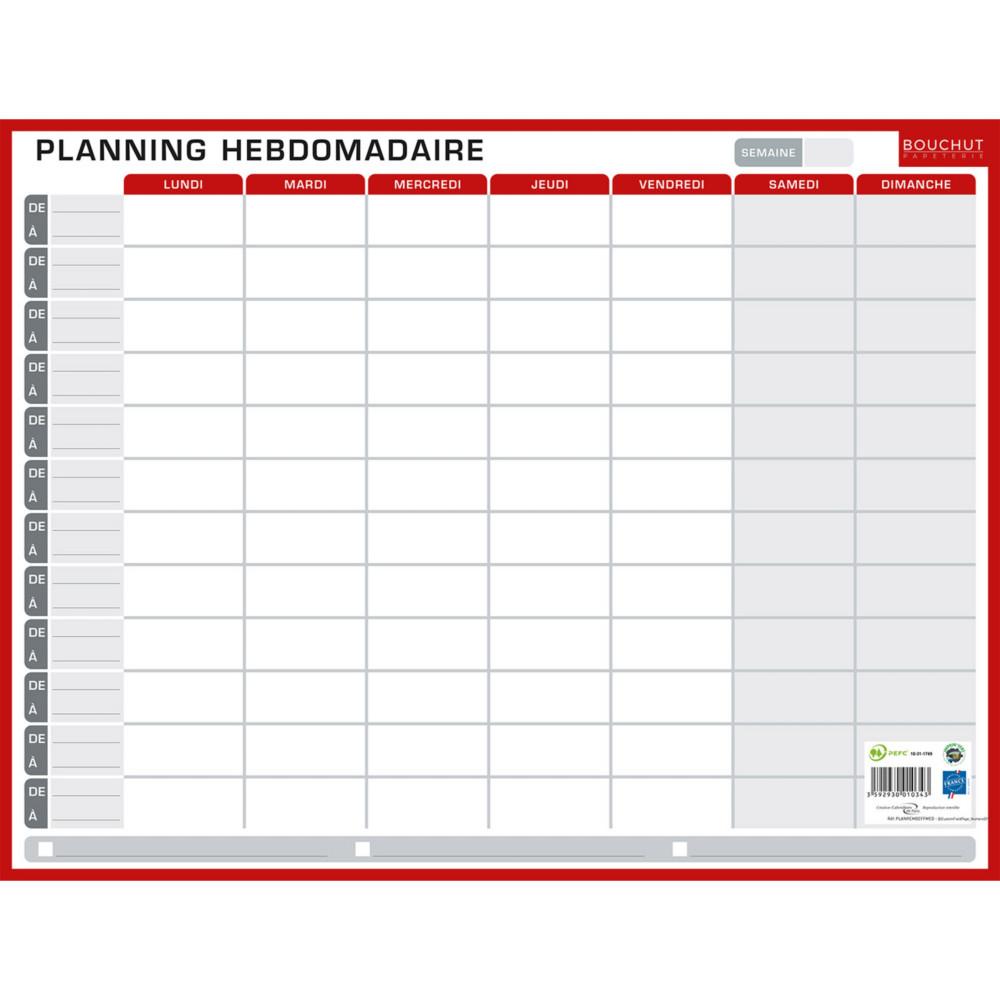 Bouchut Tableau planning hebdomadaire et annuel perptuel effaable  sec 32 x 42 cm