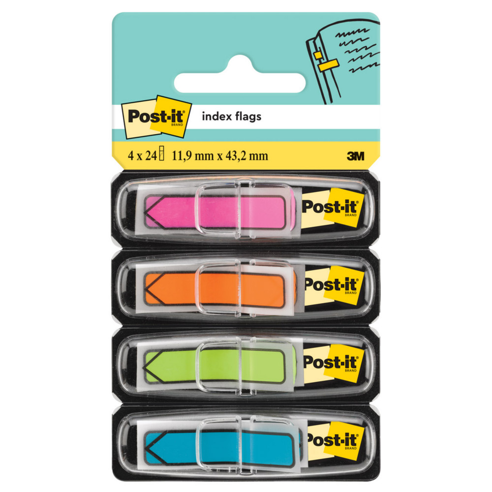 Post-it Marque-pages souples flches 11,9 x 43,1 mm - 4 couleurs assorties (Jaune, Anis, Rose, Turquoise) - 4 x 24 index