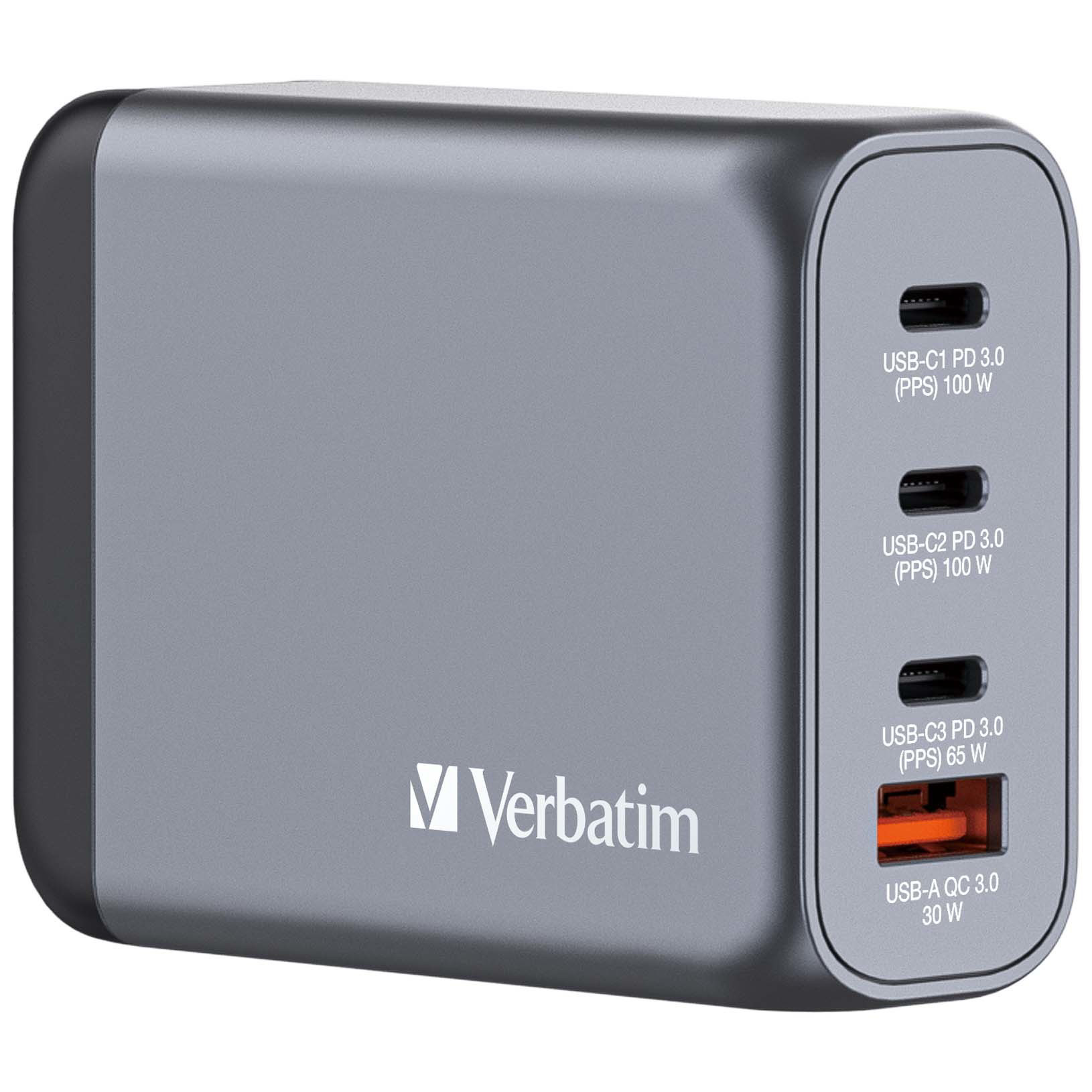 Verbatim Chargeur GaN de Chargeur USB C à 4 Ports Adaptateur Secteur avec 3 x USB C et 1 x USB A Chargeur Rapide multiprise pour Ordinateur Portable Tablette Smartphone et Bien Plus Encore