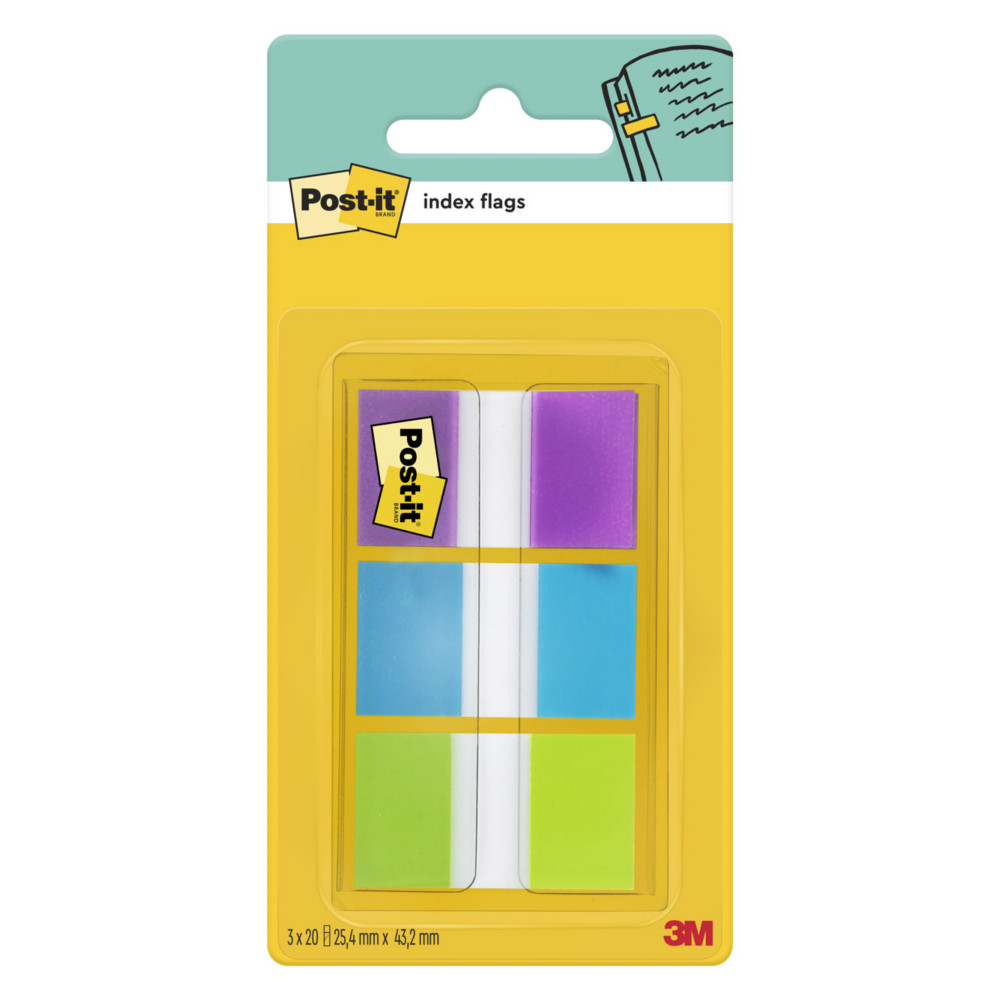 Post-it marque-pages moyen format 25,4x43,2mm - Pochette distributeur de 3 couleurs assorties