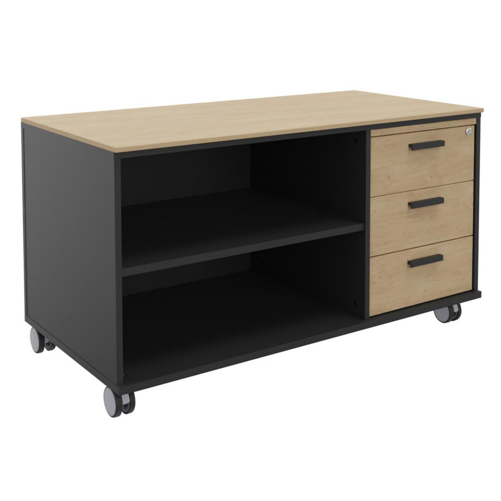 Meuble bas console mobile sur roulettes Rha - L. 120 x P. 60 x H. 66 cm - 3 tiroirs - Corps Carbone - Tiroirs Chne