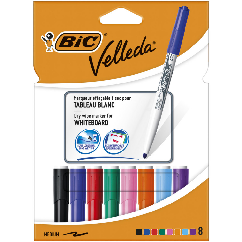 BIC Velleda 1741 Feutres pour Tableau Blanc Effaables  Sec, Pointe Conique Moyenne - Marqueurs Couleurs Assorties, Etui Carton de 8