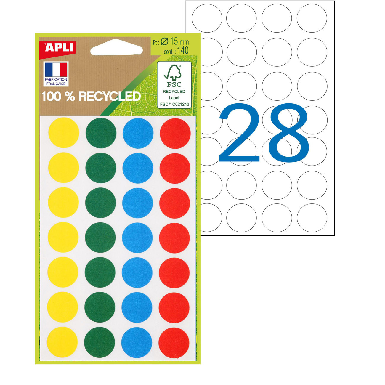 APLI Pastilles adhésives recyclées Ø 15 mm - 101786 - Pochette de 140 - Assorties