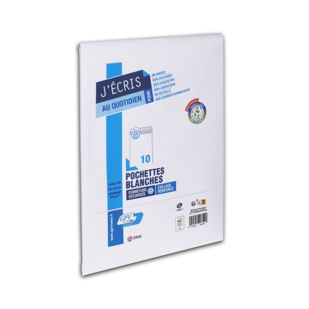 GPV Enveloppe C4 229 x 324 mm 90g sans fentre - autocollante bande protectrice - Lot de 10