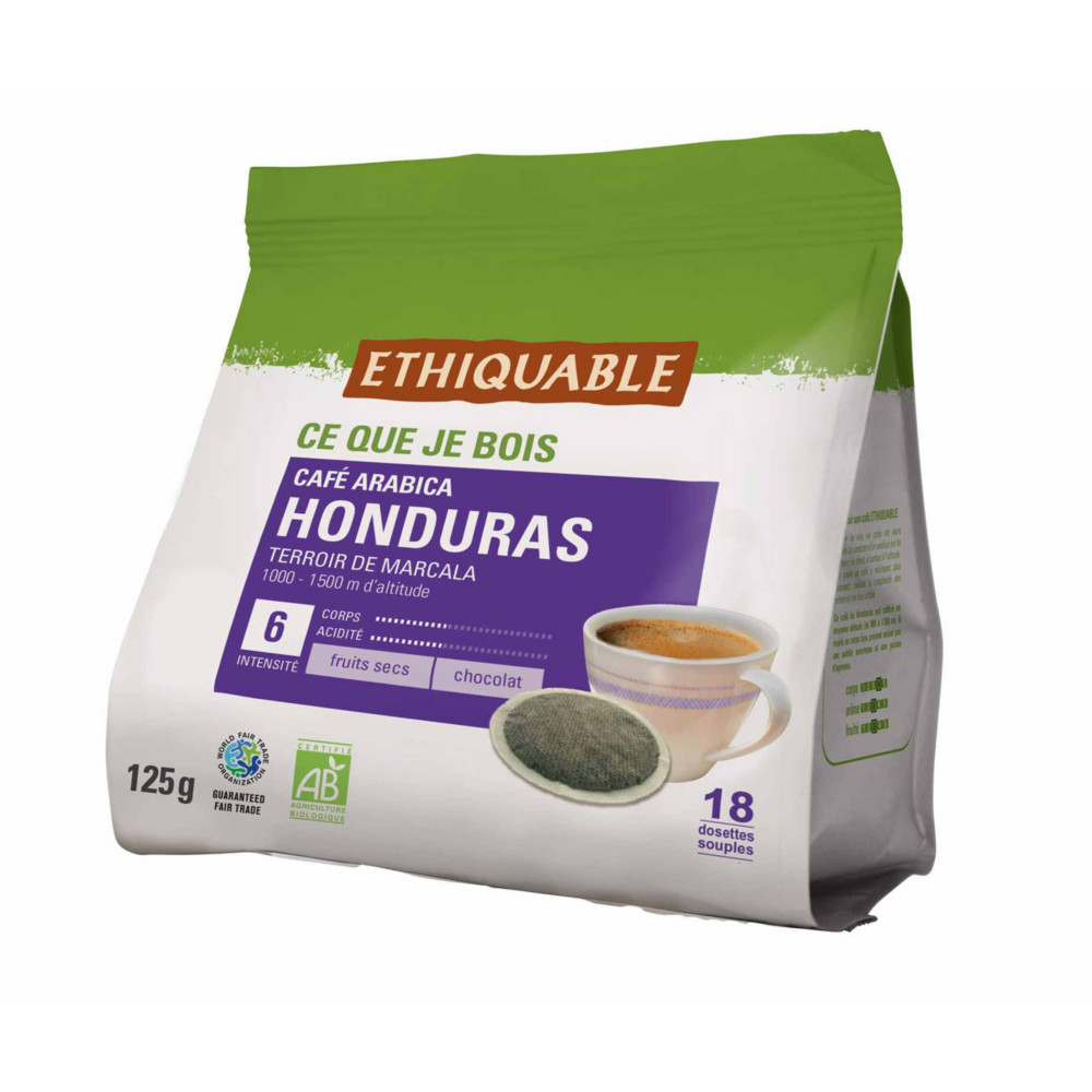 Ethiquable Paquet de 18 dosettes de caf Honduras Bio et quitable - Intensit 6 - Compatible SENSEO