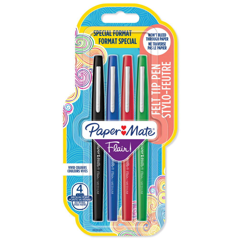 Paper Mate Flair Original Stylo feutre  capuchon pointe moyenne 1 mm - Pochette 4 couleurs Classic
