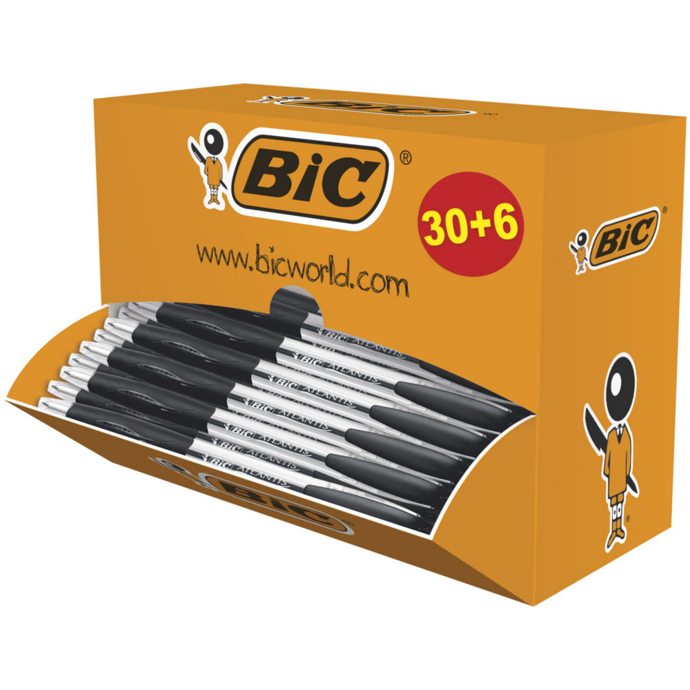 BIC Atlantis Classic Stylo bille rtractable avec grip - pointe moyenne 1 mm - Noir - Bote de 30 + 6 OFFERTS