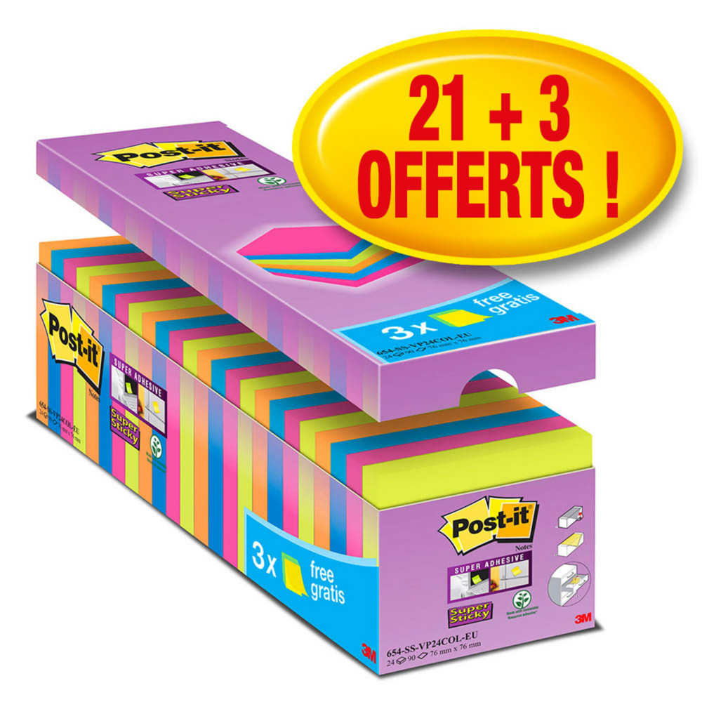 Post-it Notes repositionnables Super Sticky 76 x 76 mm - Assortis vifs - Pack 21 blocs de 90 feuilles + 3 gratuits