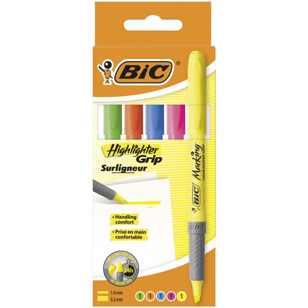 BIC Highlighter Grip pointe biseaute - tui carton de 5 couleurs fluo assorties