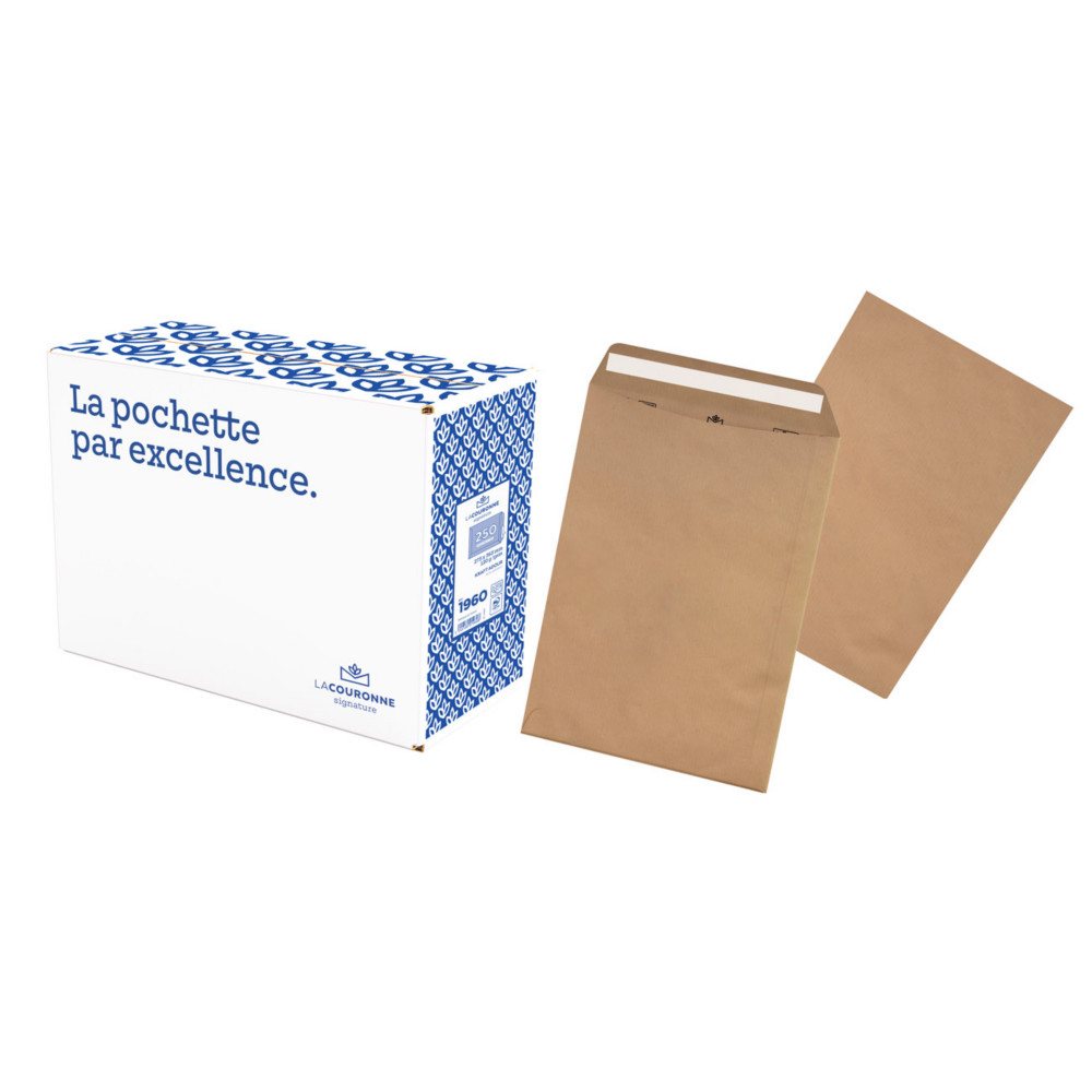 La Couronne Enveloppe  kraft brun 280 x 365 mm 90g sans fentre - autocollante bande protectice - Lot de 250