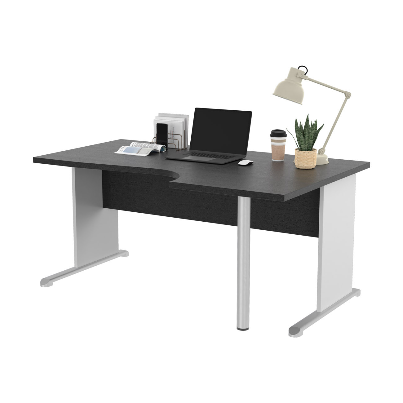 Bureau d'angle compact retour à droite Pronto Bois - L.160 x P.100 cm - Plateau Noir - Pieds L Blanc